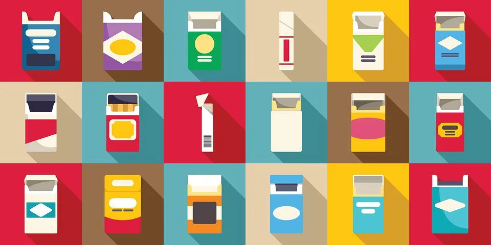 Empty pack cigarettes icons set. Colorful cigarette packs pattern represent.. 스톡 일러스트