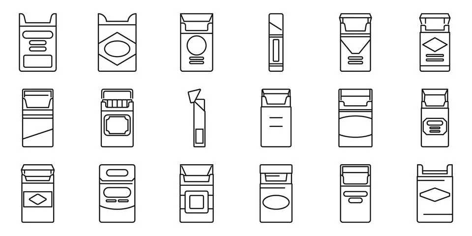 Empty pack cigarettes icons set. Cigarette pack icons showing different bra.. Illustrazione stock