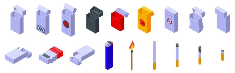 Empty pack cigarettes icons set. Different smoking elements including cigaret Stock Illustration