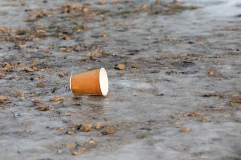 Empty paper coffee cup on the ground, garbage in the street Stock Photos