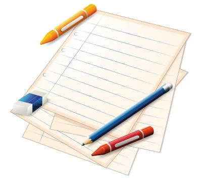 An empty paper with crayons, a pencil and an eraser 스톡 일러스트