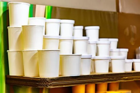 Empty paper cups for coffee are in the cafe Stock Photos