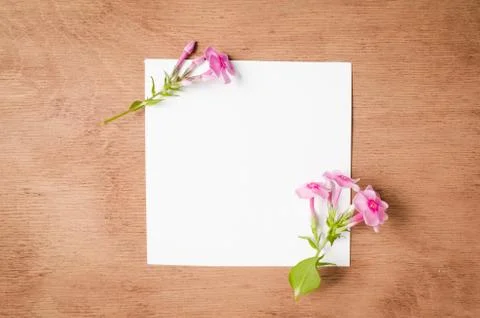 Empty Paper Sheet With Flowers on Rustic Wooden Background. Stock Photos