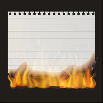 Empty paper sheet from notepad on fire. Flaming lined paper sheet on black Ilustração Stock