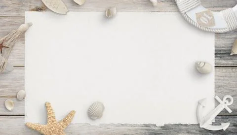 Empty paper surrounded by shells and sea things. Top view, flat lay compositi Stock Photos