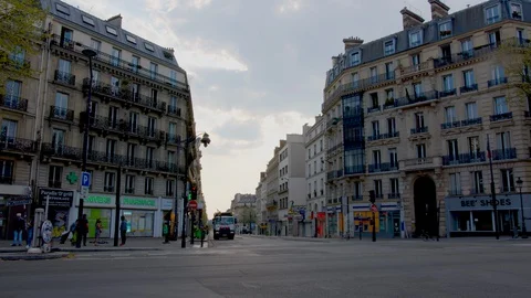 Empty Paris street during Coronavirus Covid-19 lockdown at Boulevard de Stock Footage 128772871