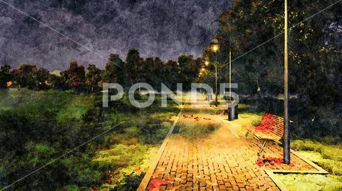 Empty park alley autumn night watercolor landscape Stock Illustration