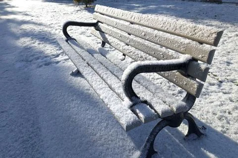 Empty park bench with fresh snow in winter. Stock Photos
