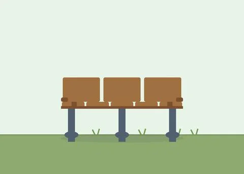 Empty park bench with three brown wooden seats outdoors on green grass field Ilustración de archivo