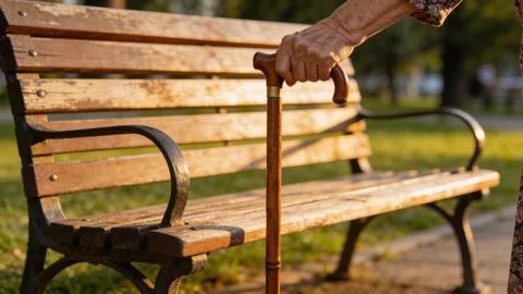 Empty Park Bench with Walking Cane – Aging, Loneliness and Memory Concept Фото