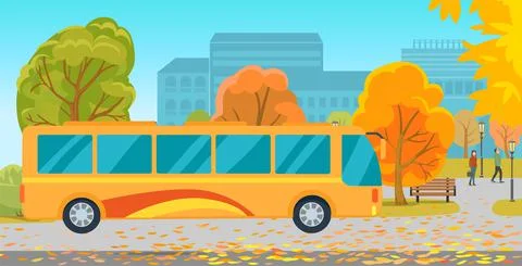 Empty park with bus at urban background. Station with seats and trees. Bus stop Illustrazione stock