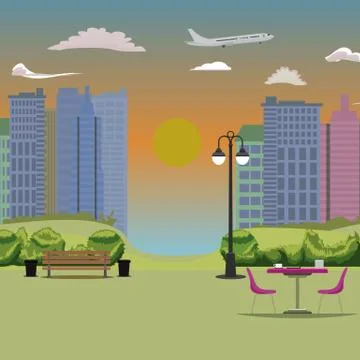 Empty Park with cityscape background. Bench table and chair. Flat vector Ilustração Stock
