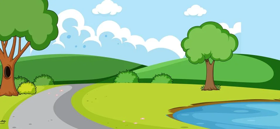 Empty park landscape scene with pond Ilustração Stock