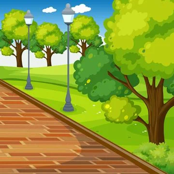 Empty park outdoor scene with light pole on the street Illustrazione stock