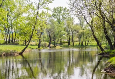 Empty a park overlooking a lake or pond. Fotos de archivo