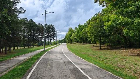 Empty park road with trees and cloudy sky Stock-Fotos