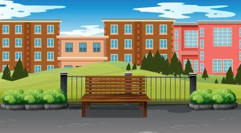 Empty park scene with buildings in background Ilustración de archivo