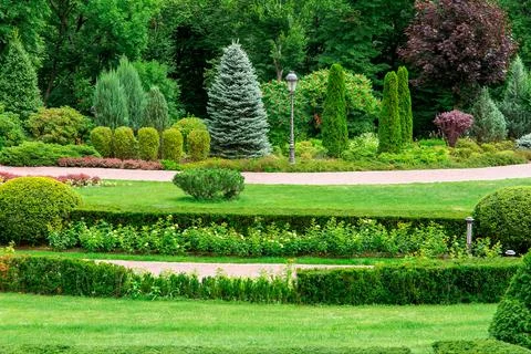Empty park with walking paths for walks among landscape design with bushes. Stock Photos