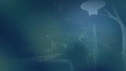 Empty Park Walkway With Glowing Blue Modern Street Lamps At Night Stock Footage 329464247