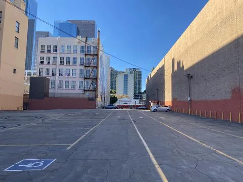 Empty parking lot in historic core district, Downtown Los Angeles Stock Photos