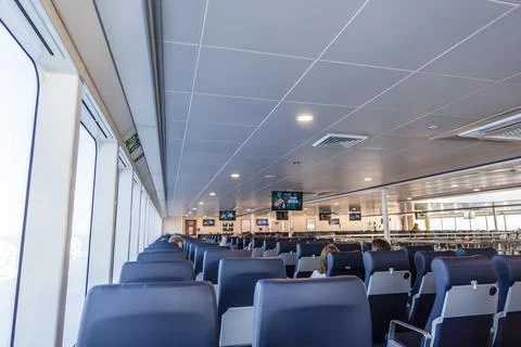 Empty passenger seats inside the ferry Stock Photos