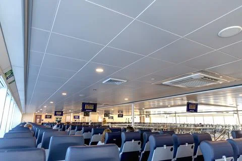 Empty passenger seats inside the ferry Stock Photos