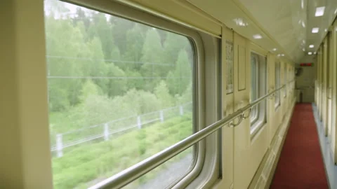 Empty passenger train corridor from inside Stockbeeldmateriaal 197453073