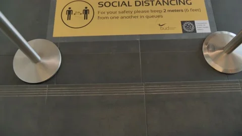 Empty Passport Control Point, Social Distancing Sign, Budapest Airport, Covid-19 Vídeos de archivo 130276516