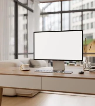 An empty PC computer screen mockup on a wooden desk in a modern room with l.. Stock Illustration
