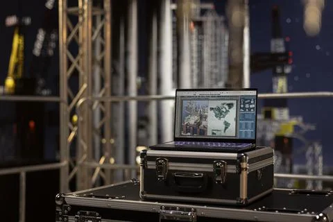 Empty pc displays predictive maintenance dashboard on offshore drilling rig Stock Photos
