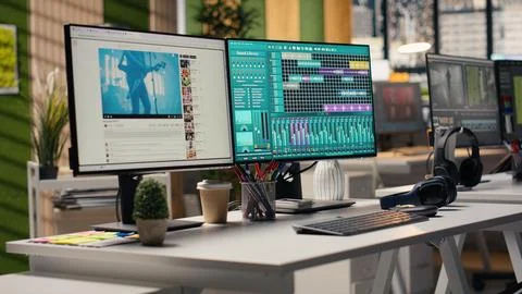 Empty PC running audio editing software displays DAW interface with tracks Stock Photos