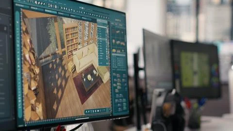 Empty PC workstation shows architectural design software for detailed floor plan Stock Photos