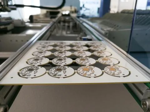 Empty PCB inside pick and place machine ready for assembling Foto stock