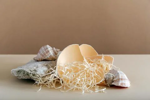 Empty pedestal Mockup on beige background made from seashell stones and eggshell Foto stock