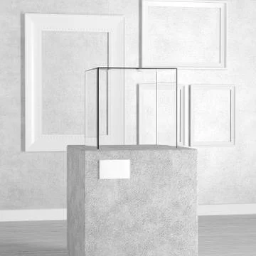 Empty Pedestal, Stage, Podium or Column with Glass SHowcase Cube in Art Galle Stock Illustration