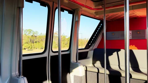 Empty People Mover Cabin Passing Sunny Trees Outside Stock Footage 346650197