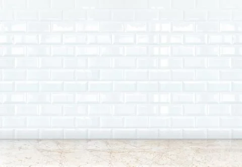 Empty perspective room with white ceramic tiles wall and marble floor,Templ.. Stock Photos