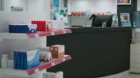 Empty pharmaceutical retail store filled with medicaments and vitamins on Stock-Footage 221002270