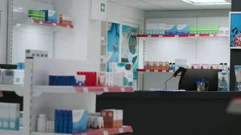 Empty pharmacy retail store with medicaments and treatment on shelves Stock Footage 220464467