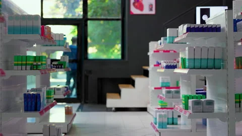 Empty pharmacy space filled with medicaments and boxes of pills Stock Footage 229665101