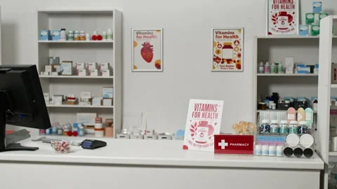 Empty Pharmacy Store Counter Showing Medicines on Display Stock Footage 348061277
