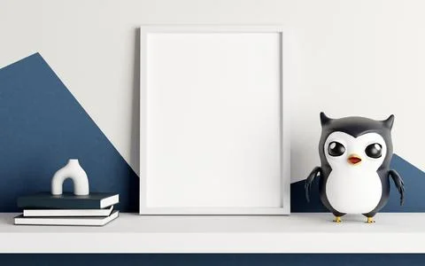 Empty photo frame with books and black owl doll figure on hanging shelf in .. Stock Illustration