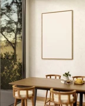 Empty photo frame hanging on white wall over wooden dining table with stool.. Stock Illustration