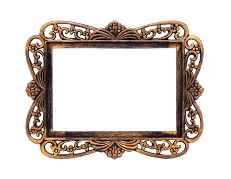 Empty photo frame isolated on white, old bronze texture, plant-flower ornamen Stock Photos