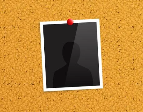 Empty photo frame pinned to a cork notice board with red push pin. Vector. Stock Illustration