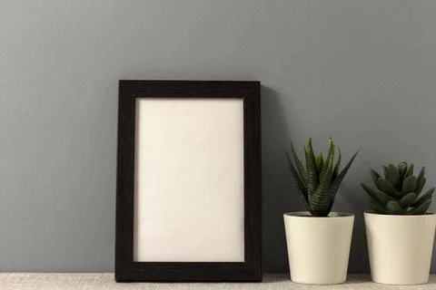 An empty photo frame on the table. Mini pots with succulents. A minimalist-st Stock Photos