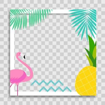 Empty Photo Frame Template with Palm Leaves, Pink Flamingo and Pineapple for  Stock Illustration
