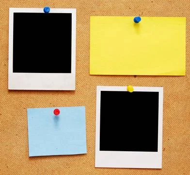 Empty photo frames empty photo frames and notes on wooden background ,mode... Stock Photos