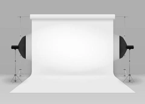 Empty photo studio with lighting equipment. 3d studio setup with white backgr Stock Illustration