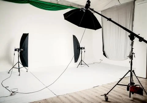 Empty a photo studio with lighting equipment Stock Photos